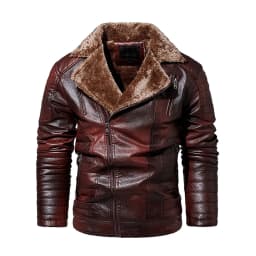 Bazeneo Leather Jacket Mens Winter Fleece Faux Leather Jacket Zipper Warm Biker Jackets with Pockets Vintage Brando Style Motorbike Jackets Faux Shearling Thicken Outwear Casual Tops - Thumbnail 1