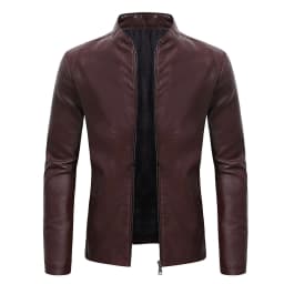 Bazeneo Leather Jackets for Men Slim Fit Faux Leather Jacket Long Sleeve Zipped Biker Jackets Vintage Stand Collar Drive Jacket Retro Motorcycle Outwear with Pockets Autumn Tops - Thumbnail 1
