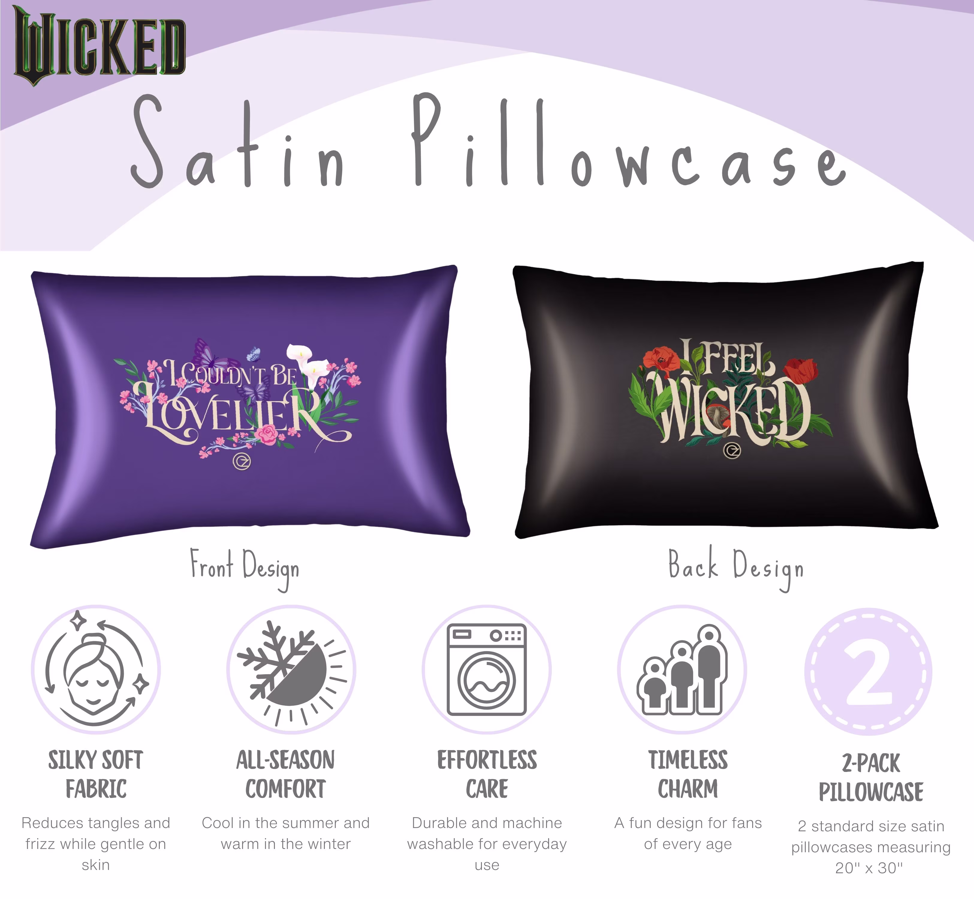 Wicked Purple Black Reversible Silky Satin Pillowcase, Standard Size, 2-Pack - Thumbnail 3