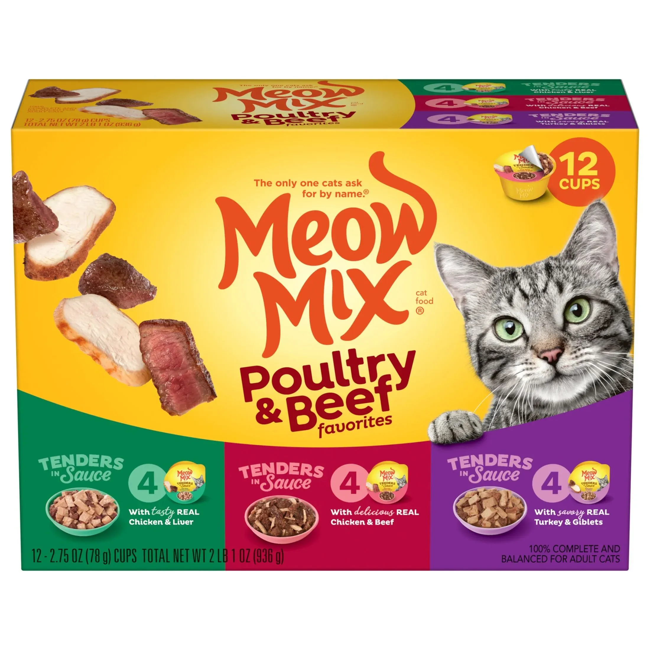 Meow Mix Poultry & Beef Favorites, Wet Cat Food Variety Pack, Tenders in Sauce, 12 Count, 2.75 oz Cups
