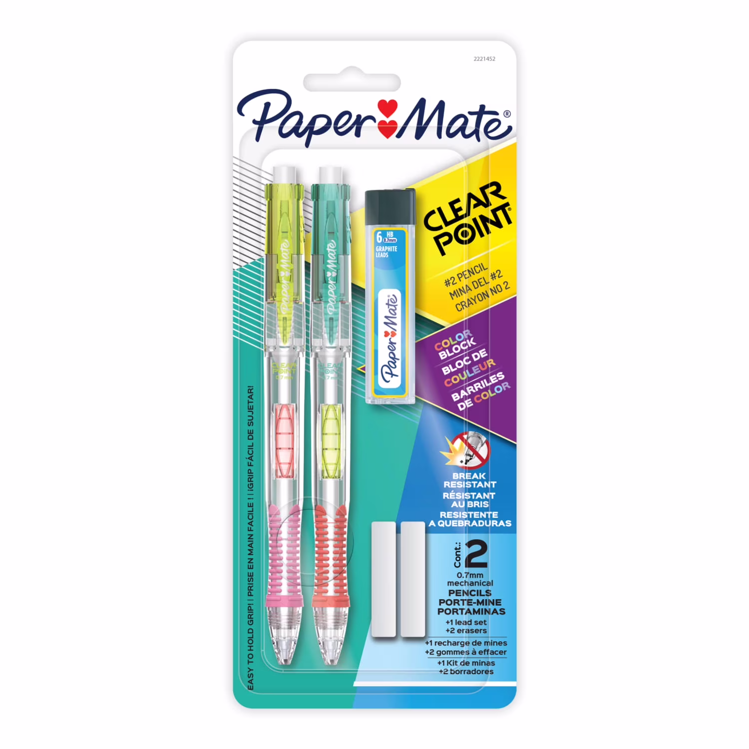 Paper Mate Clearpoint Mechanical Pencil, Color Block Edition, HB #2 Lead, Includes Eraser and Lead Refills, 5 Piece Set - Thumbnail 1