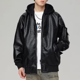 YLSDY Men's Faux Leather Jacket Zipper Hooded Bomber Jacket Loose Fit PU Leather Motorcycle Outwear Large Black M - Thumbnail 7