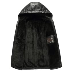 Men's Faux Leather Jacket Black Fleece Lined Motorcycle Bomber Jacket with Hood Slim Fit Warm Winter Coat Outwear Sizes S-2XL Black - Thumbnail 7