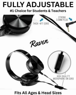 RHEA- New Barks Classroom Headphones W/ Mic – Sapphire, K-12 School Use, On-Ear Black - Thumbnail 2