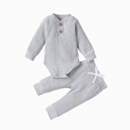 WUANDIXFA Baby Boy Clothes 3 6 9 12 18 Months Ribbed Long Sleeve Romper Pants Set Newborn Fall Winter Outfits,Grey,6-9 Months - Thumbnail 1