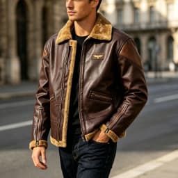 LEKWK Faux Leather Jacket for Men Sherpa Collar and Lining Full Zip Front with Multiple Zipper Pockets Warm Bomber Coat for Motorcycle Travel Outdoor and Winter Casual Wear - Thumbnail 5