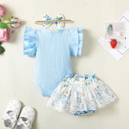 Kucnuzki 0 Months Newborn Baby Girl Clothes Romper Shorts Set 3 Months Fly Sleeve Pure Color Casuak Rompers Top Elastic Floral Mesh Panel Shorts Headband 3PCS Set Blue - Thumbnail 3