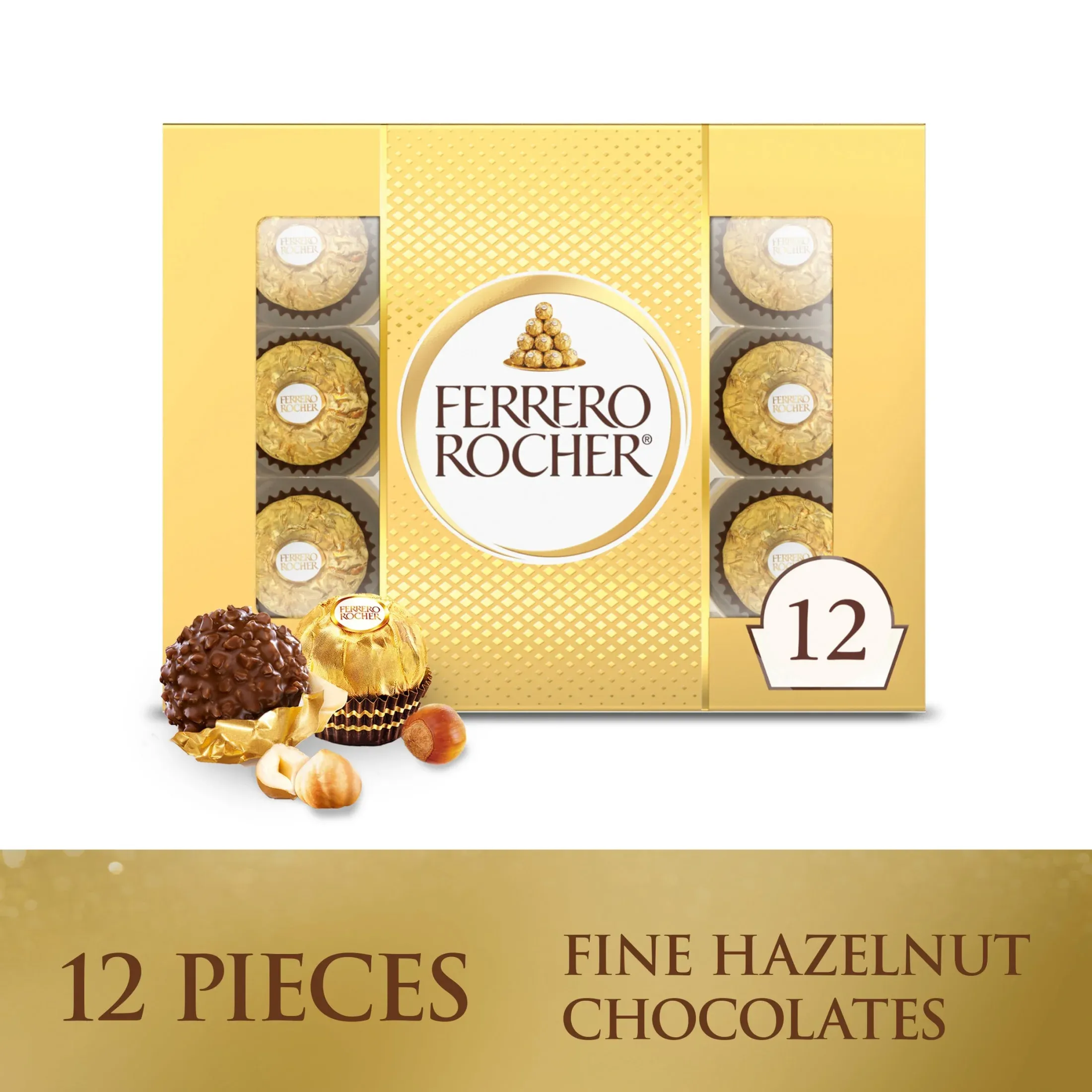 Ferrero Rocher Gourmet Hazelnut Milk Chocolate Gift Box, 12 Individually Wrapped Chocolates, 5.3 oz