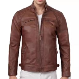 JUUYY Men's Genuine Biker Leather Quilted Shoulders Jacket Cafe Racer Leather Full Zipper Fashion Jackets Brown XXL - Thumbnail 4