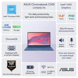 ASUS Chromebook CX15 Laptop, 15.6" FHD Display, Intel® Processor N50, 128GB Storage, 4GB RAM, ChromeOS, Forging Blue - Thumbnail 2