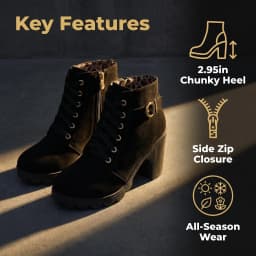 Women's Winter Warm Ankle Boots: Thick Sole & High Heel - Black PU Leather, Side Zipper with Lace-Up Detail, Plain Toe | Chic Everyday Booties | Faux Fur Lined | Rubber Sole,US Size:6.5-10.5 - Thumbnail 8