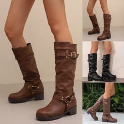 Pandaie Women Slouchy Retro Riding Boots Knee High Studs Round Toe Chunky Platform Heel Motorcycle Casual Fashion Tall Boot Size 6-10 - Thumbnail 1