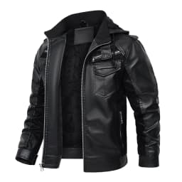 JUUYY Men's Faux Leather Bomber Jacket Hooded Fleece g Coat Retro Velvet Leather Zipper Pocket Long Sleeved Winter m Motorcycle Jacket Black XL - Thumbnail 2