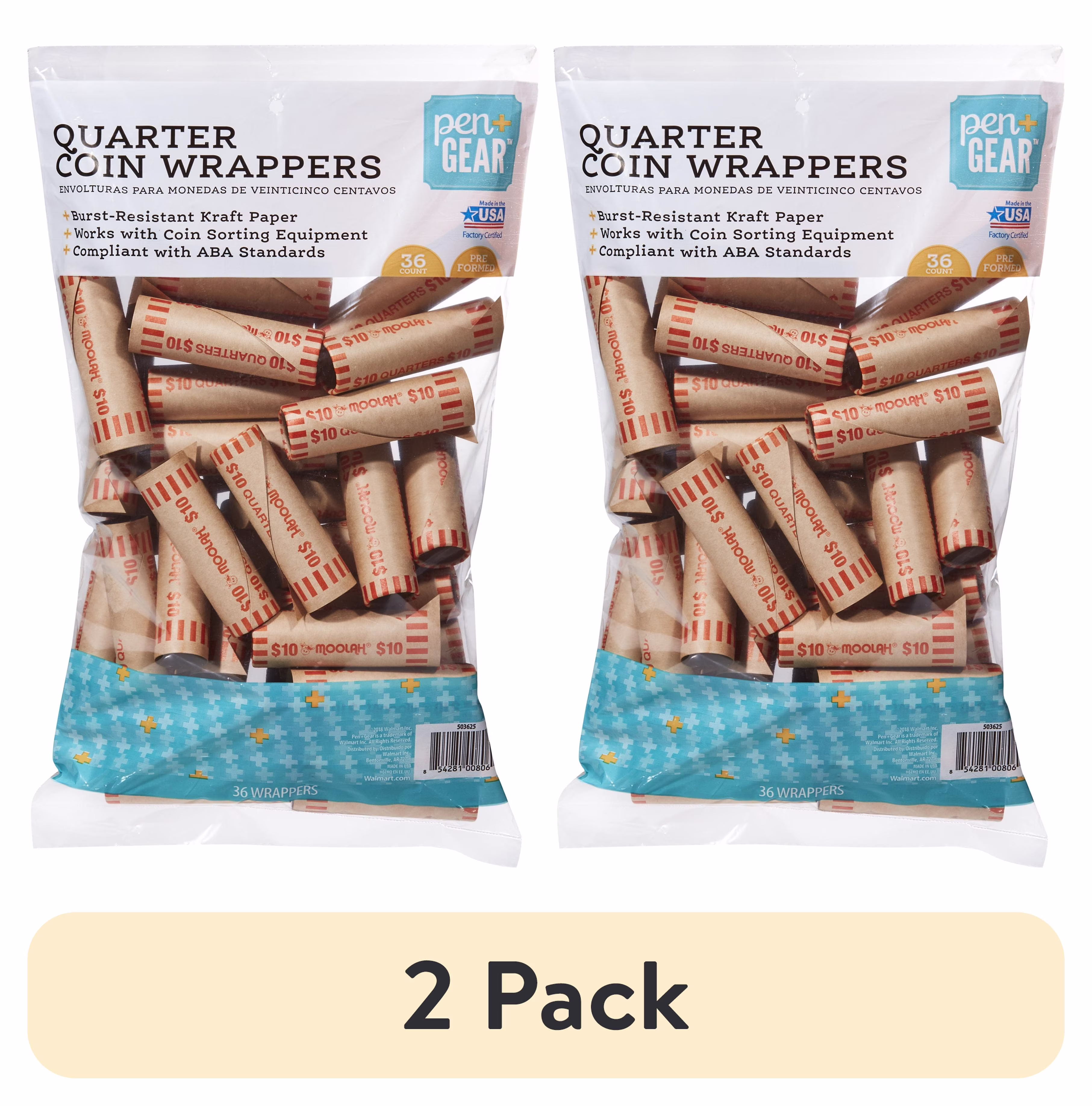 (2 pack) Pen + Gear Quarter Paper Coin Wrappers, Preformed, Orange, 36 Count - Thumbnail 1