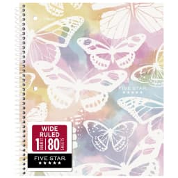 Five Star 1 Subject Wide Ruled Notebook Plus Study App, 8" x 10.5", Pastel Butterfly, Poly, Spiral, 80 Sheets - Thumbnail 1