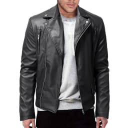 DUMUIELD Men Faux Leather Jacket Full Zip Up Collar PU Leather Motorcycle Jacket Plus Size Bomber Coat Outwear with Pockets Black,L - Thumbnail 2