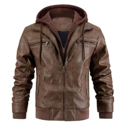 VNKIDY Men's Coat Autumn Winter Solid Color Leather Jacket With Detachable Hood Long Sleeve Zipper Ribbed Warm Coat For Casual Daily Streetwear Activities Soft Outerwear - Thumbnail 5
