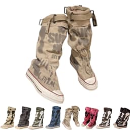 Women’s Knee High Punk Goth Boots, Wide Calf Lace-Up Canvas Boots with Buckles, Fold-Over Graffiti Print, Distressed Sole Streetwear - Thumbnail 1
