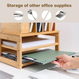 Enogets Bamboo Desk Organizer with File Holder & Adjustable Pen Holding, 3-Tier Desktop Letter Paper Tray Storage - Thumbnail 8