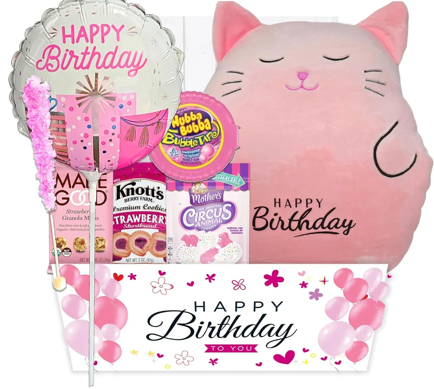 The Ultimate Birthday Gift Basket for Girls | variety pack with a Happy Birthday Pink Squishy, Balloon Care Package w/snacks & Candy, girl, teenage