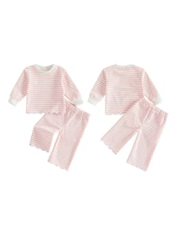 Loicainy Baby Toddler Girl Fall Clothes Set 6 12 18 24 Months 2T 3T 4T 5T Long Sleeve Crew Neck Striped Tops and Pants Outfits - Thumbnail 2