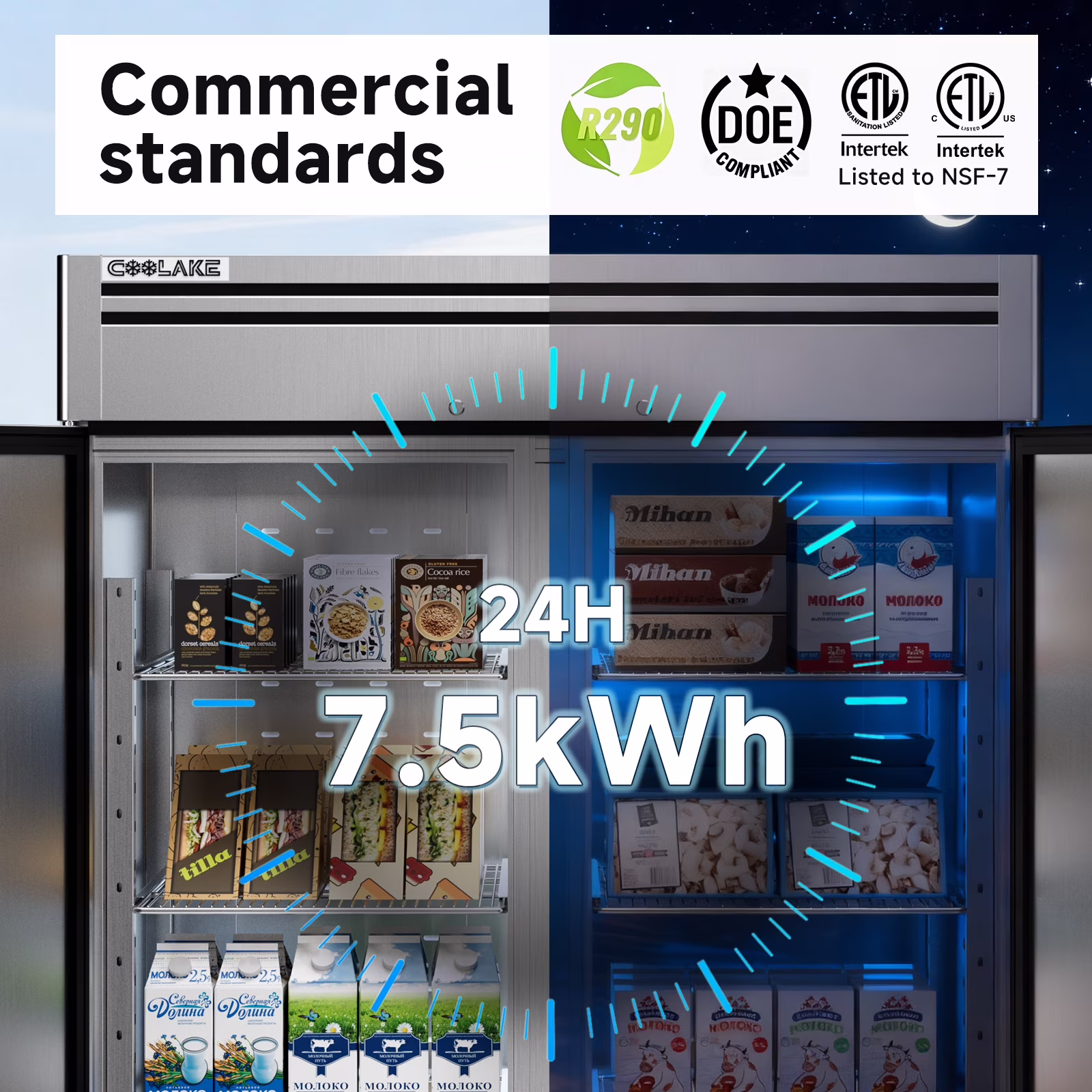 Coolake 49 Cu Ft Commercial Refrigerator, 54.4" W 2 Door Upright Fridge with 8 Adjustable Shelves, Frost-free Stainless Steel Industrial Reach-in - Thumbnail 6