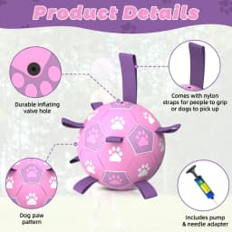 QDAN Durable Dog Toys Soccer Ball with Nylon Straps Hand Pump for Puppies Medium Large Dogs, Pink & Purple, 6-inch - Thumbnail 2