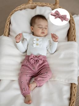 Loicainy Infant Baby Girls Fall Clothes Set 3 6 9 12 Months Long Sleeve Romper with Floral Pants and Headband Outfits - Thumbnail 6