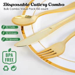 JOLLY CHEF 150 Count Gold Plastic Silverware Set - 50 Forks, 50 Knives, 50 Spoons - Heavy Duty Plastic Cutlery Set Disposable Flatware - Thumbnail 2