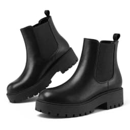 Rexoro Women's Chelsea Boots Chunky Heel Lug Sole Ankle Boots Elastic Side Slip-on Fashion Booties Black PU 8 - Thumbnail 2