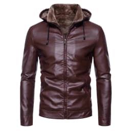 Pejock Men's Hooded Biker Jacket, Loose Fit Genuine Leather Coat with Zipper Closures - Windproof Motorcycle Style for Casual Wear, Daily Outdoor and Urban Street - Thumbnail 7