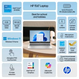 HP 15.6 inch Windows 11 Touch Laptop Intel Core i5-1334U 8GB RAM 512GB SSD Natural Silver - Thumbnail 2