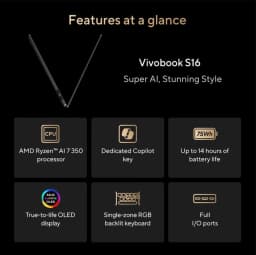ASUS Vivobook S16 AI Laptop, 16" 3K 2880 x 1800 OLED 120Hz Display, Win 11 Home(16GB DDR5 RAM | 512GB SSD) - Thumbnail 3