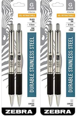 Zebra Pen G-402 Stainless Steel Retractable Gel Pen, Fine Point, 0.5 mm, Black Ink, 4-Count (49212) - Thumbnail 1