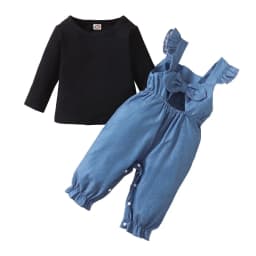 9 Months Baby Girls Clothes 12 Months Girls 2PCS Fall Winter Outfits Infant Girls Long Sleeve Top Overall Pants Set Black - Thumbnail 1