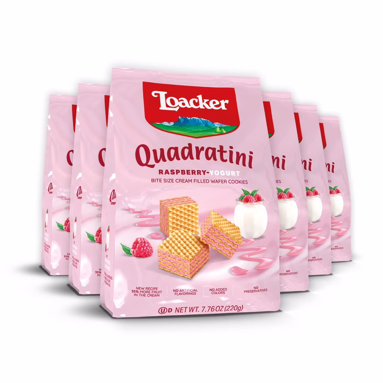 Loacker Quadratini Raspberry-Yogurt, Cream-Filled Bite-Size Wafer Cookies, 7.76 oz, Pack