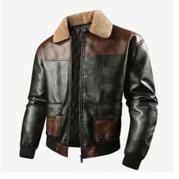 DayScoop Mens Jackets Fall Outerwear Long Sleeve Winter Fashion Casual Vintage Shearling Collar Patchwork Leather Style Biker Color Block Lapel Faux Outer Tops - Thumbnail 6