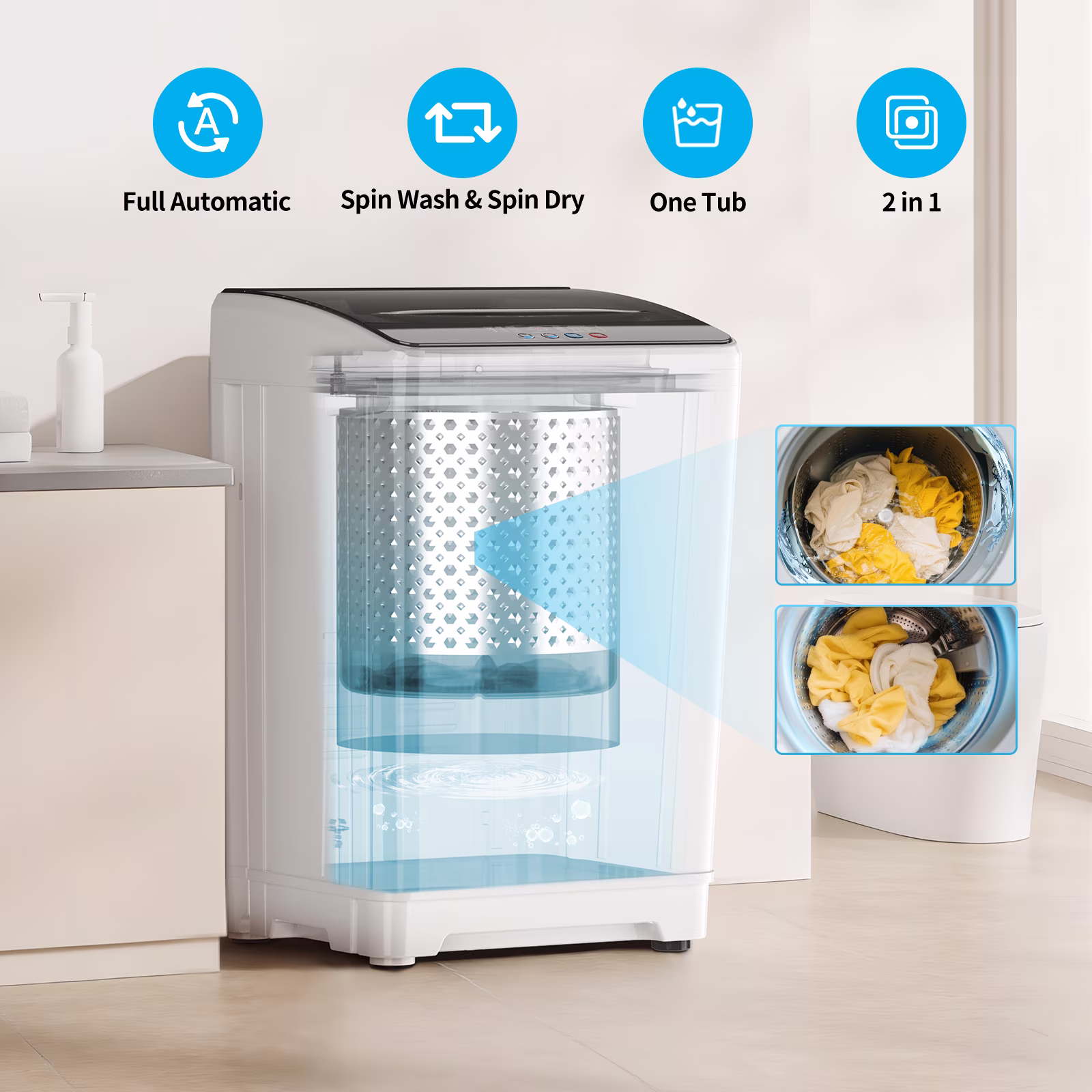 TABU Washer and Dryer Set, 17.6LBS Full Automatic Washing Machine &2.6Cu.ft Portable Dryer Combo (White) - Thumbnail 5