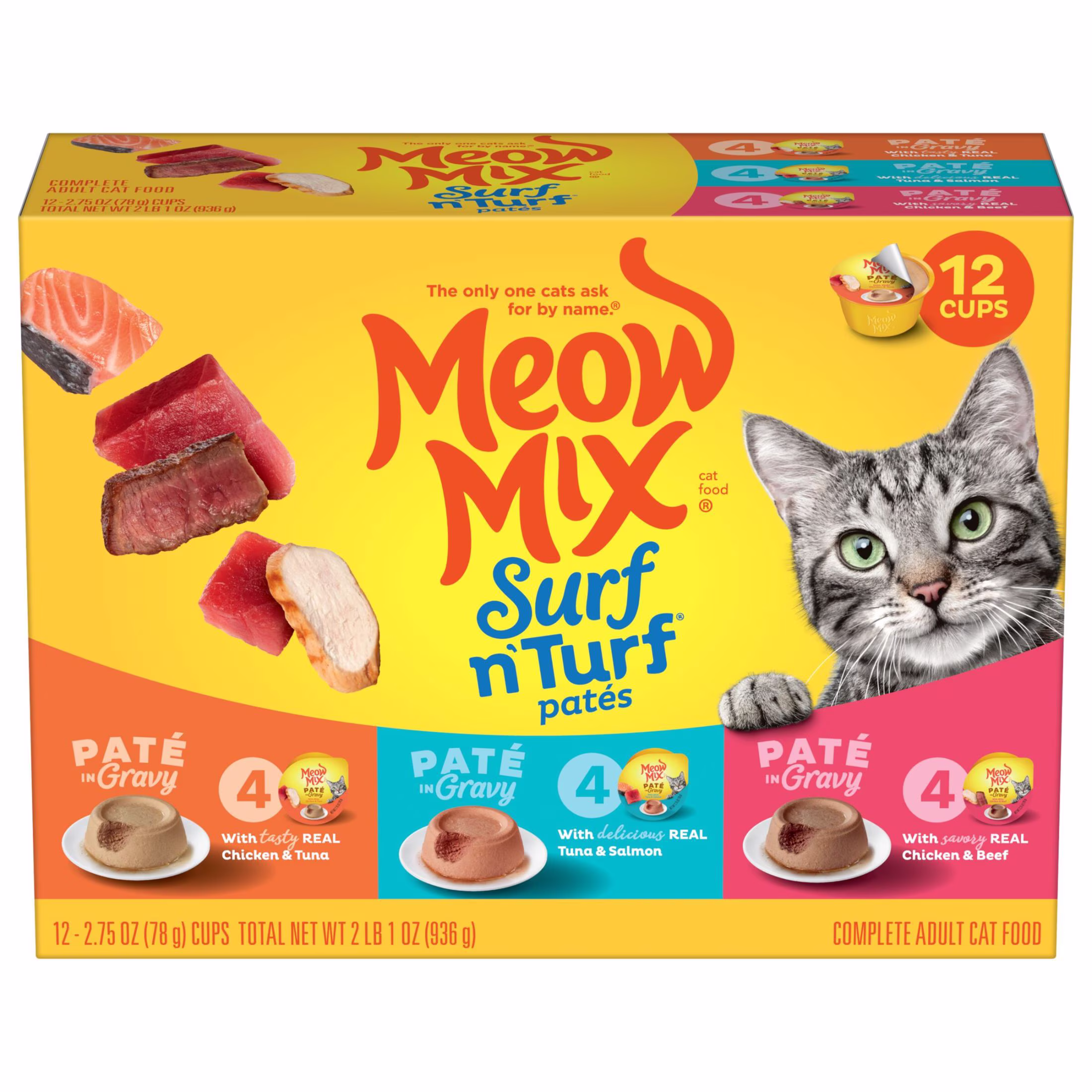 Meow Mix Pate in Gravy Surf n Turf Pates Variety pack, Wet Cat Food, 2.75 oz Cup, 12 pack