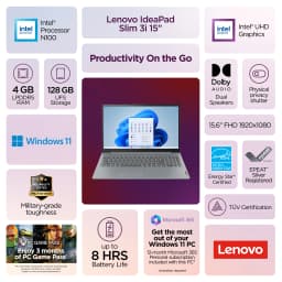 Lenovo IdeaPad Slim 3i 15.6" Laptop, Intel Processor N100, 4GB RAM, 128 SSD, Arctic Grey - Thumbnail 2