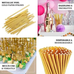 Efavormart 50 Pack | 8" Metallic Gold Foil Food Grade Paper Drinking Straws, Biodegradable Disposable Party Straws - Thumbnail 4