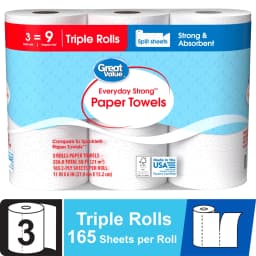 Great Value Everyday Strong Paper Towels, 3 Triple Rolls - Thumbnail 1