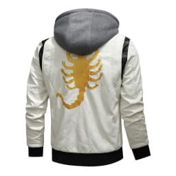 Men's Leather Stand Collar Detachable Hooded Motorcycle Leather Jacket with Fashionable Embroidered Colorblock for Biker Events, Winter Rides, and Casual Outings,White,3XL - Thumbnail 4