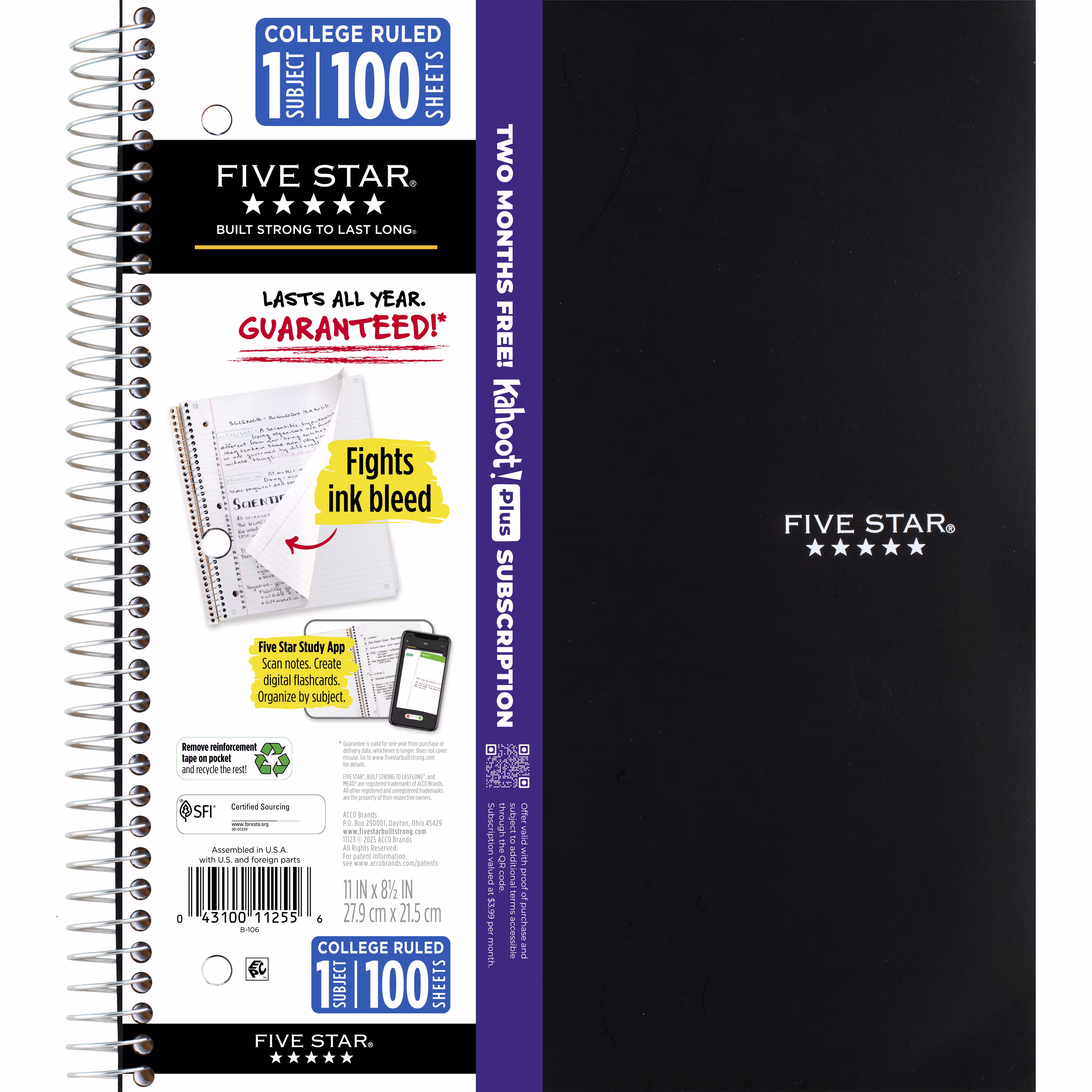 Five Star 1 Subject College Ruled Notebook Plus Study App, 8.5" x 11", Black, Poly, Spiral, 100 Sheets - Thumbnail 2