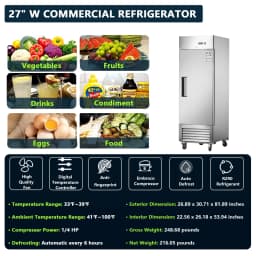 27" Commercial Refrigerator, 18.68 Cu.ft Single Solid Door Reach-in Refrigerator, Stainless Steel Interior & Exterior, Fan Cooling Upright Fridge - Thumbnail 9