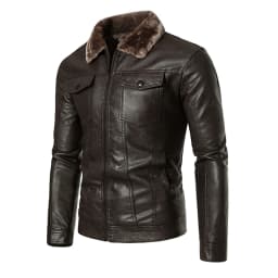 ZCFZJW Men's Winter Warm Leather Lapel Jackets Casual Full Zip Up Sherpa Fleece Lined Jacket Motorcycle Big and Tall Vintage Coats Z#01-Coffee M - Thumbnail 2