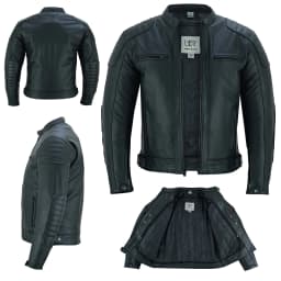 Men's Motorcycle Motorbike Cowhide Leather Jacket Distress Zip Up CE Approved Protection Jacket Black-6XL - Thumbnail 1
