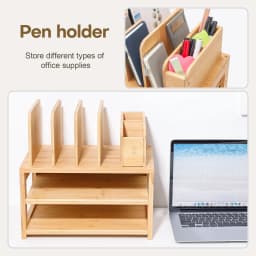Enogets Bamboo Desk Organizer with File Holder & Adjustable Pen Holding, 3-Tier Desktop Letter Paper Tray Storage - Thumbnail 3