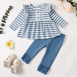9 Months Baby Girls Clothes 12 Months Girls 2PCS Outfits Set Infant Girls Long Sleeve Stripe Top Pants Set Blue - Thumbnail 3