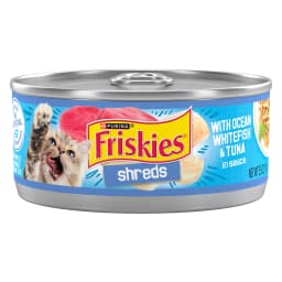 Purina Friskies Shreds, Ocean Whitefish and Tuna in Sauce, Wet Cat Food, 5.5 oz Can, 24 Pack - Thumbnail 1